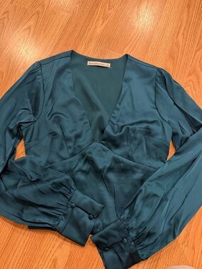 Abercrombie & Fitch Teal Satin V-Neck Blouse